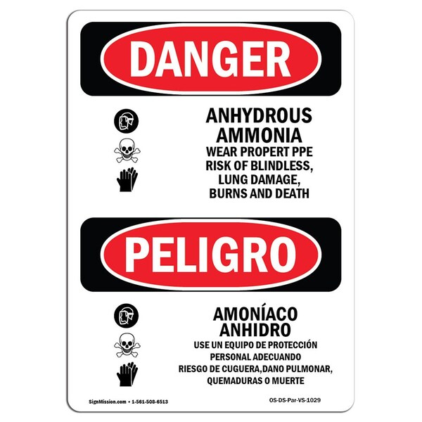 OSHA Sign, Anhydrous Ammonia Wear PPE Bilingual, 18in X 12in Rigid Plastic, 12" W, 18" H, Spanish